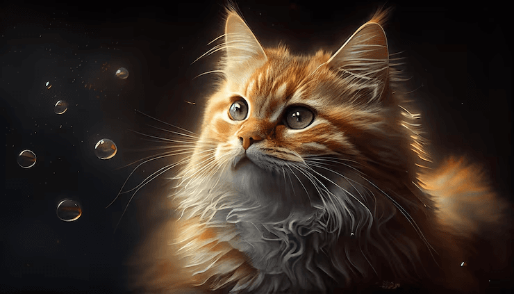 an orange cat looking up against a dark background